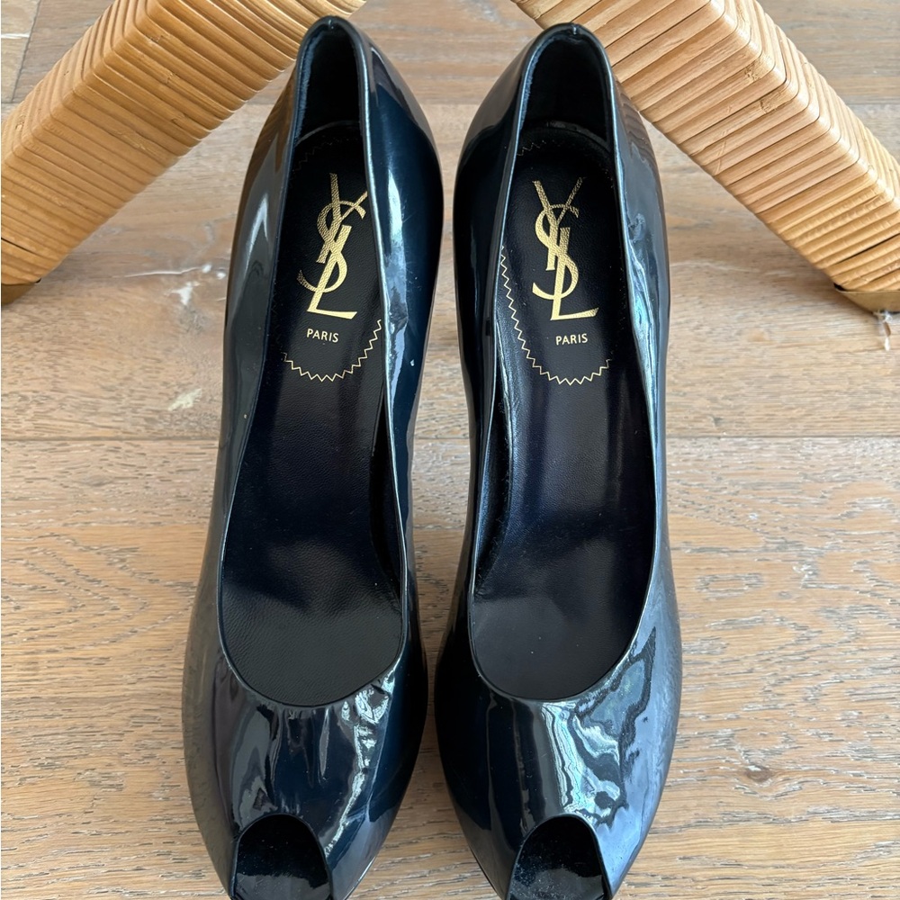 Yves Saint Laurent Glossy Black Peep Toe Heels